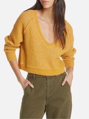 NWT Free People Deep V-Neck Sweater Mustard Yellow Textured Cropped Pullover